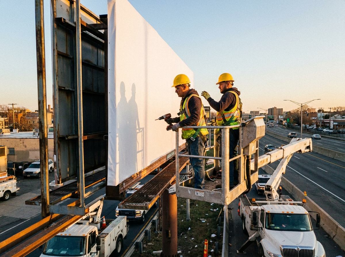 Installation crew fitting a billboard panel from a lift truck