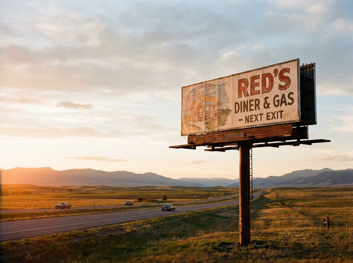 Classic bulletin billboard beside a rural interstate at sunset