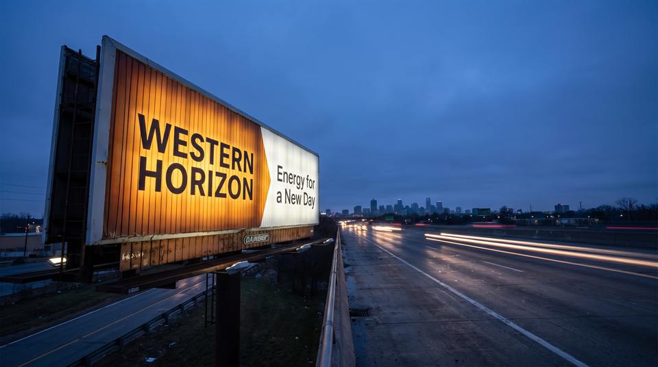 Illuminated billboard beside a highway at dusk with a city skyline in the distance